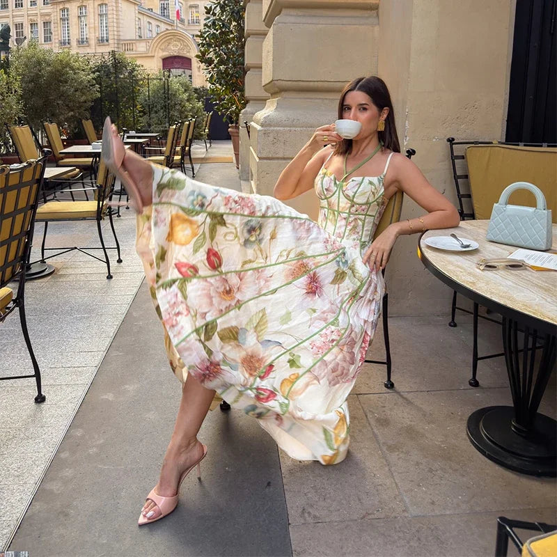 Floral Printed Sleeveless Halter Neck Maxi Dress