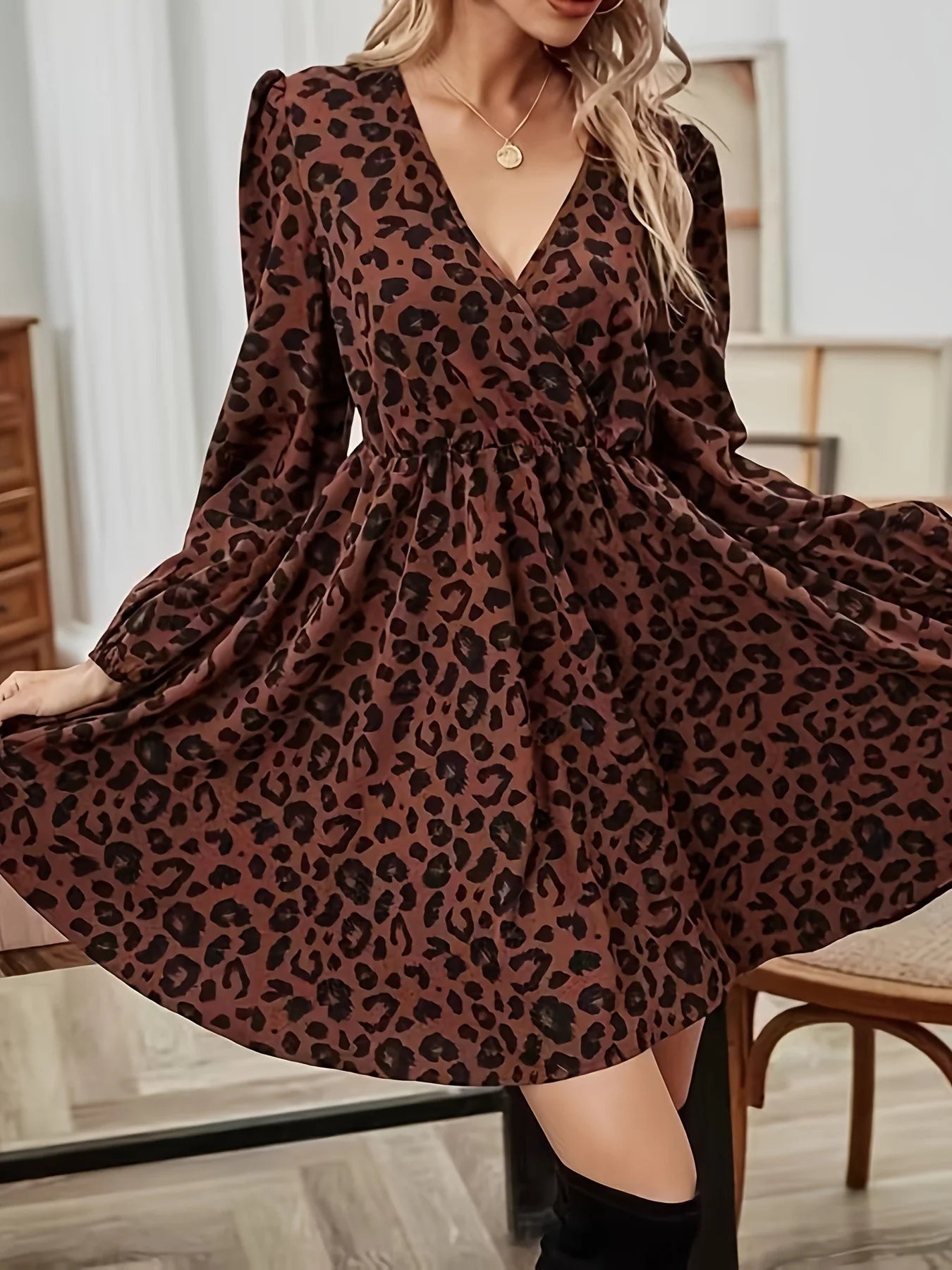 Leopard Printed Autumn Mini Dress
