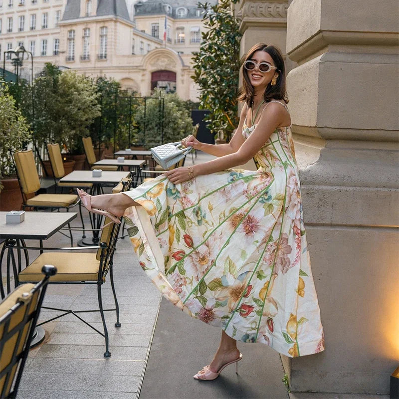 Floral Printed Sleeveless Halter Neck Maxi Dress