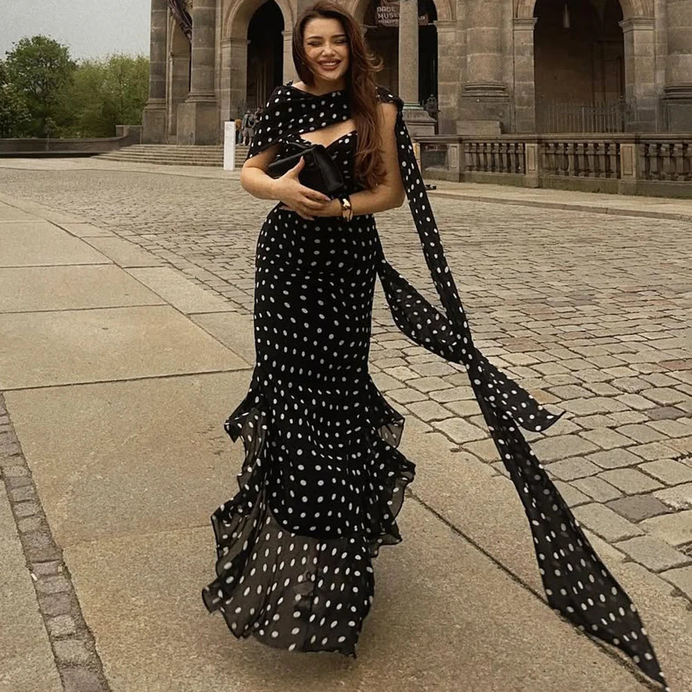 Polka Dot Long Dress Summer with scarf