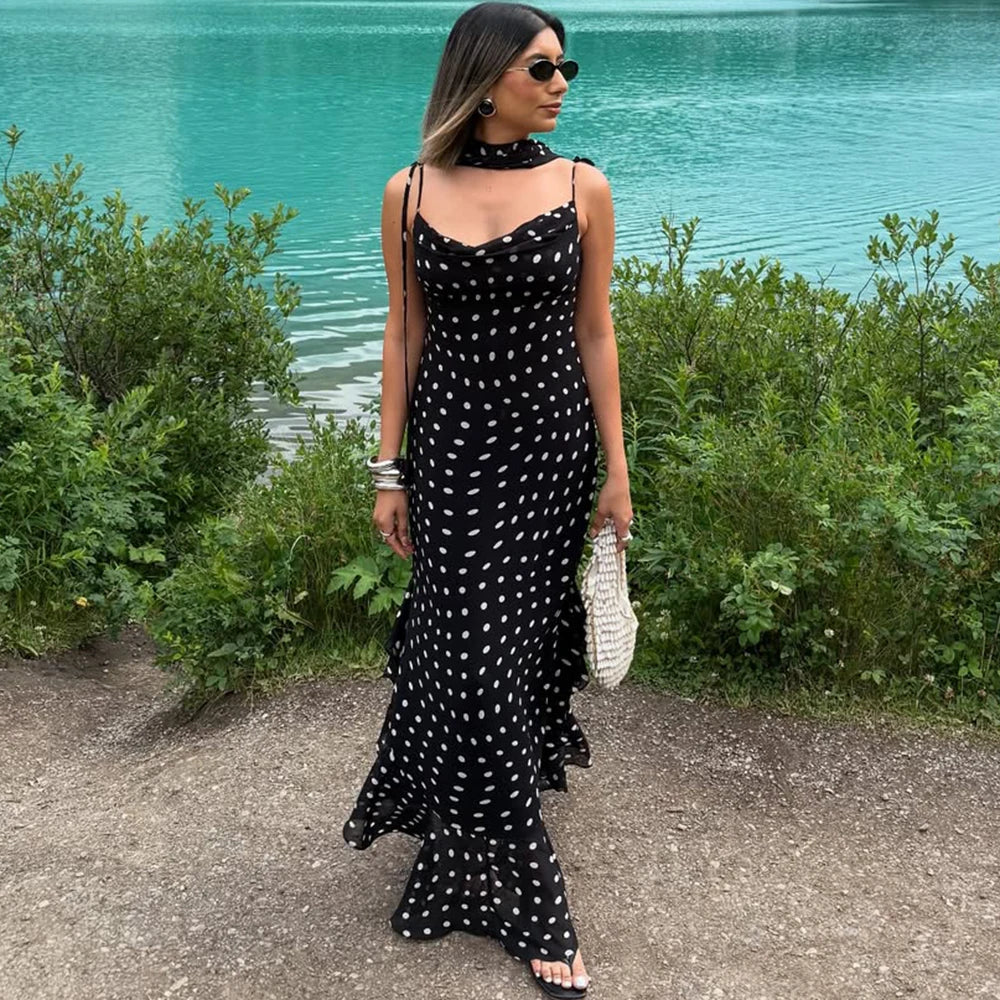 Polka Dot Long Dress Summer with scarf